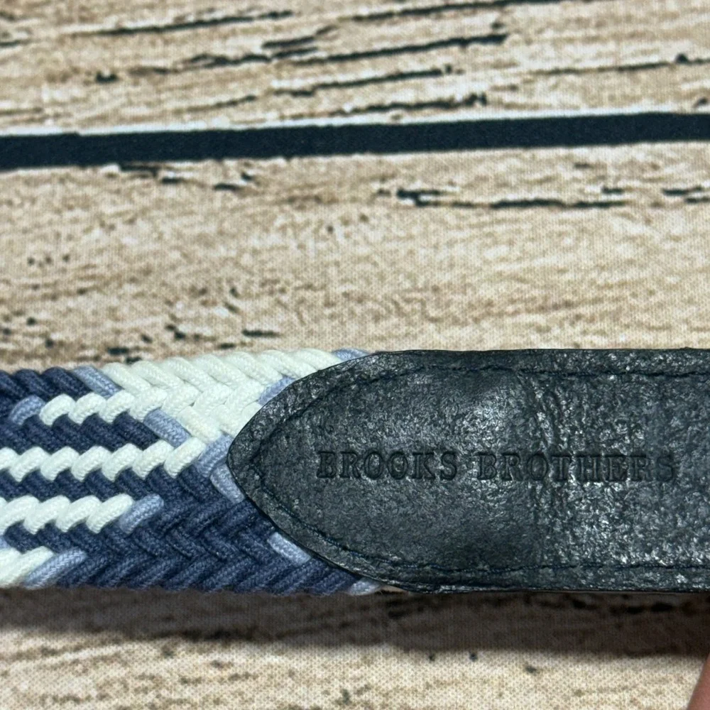 Brooks Brothers Braided Belt Mens 36 Blue White Woven Cotton Leather Trim